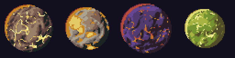 4 lava planets spinning, 64 px at 3x