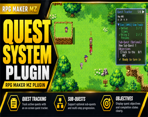 Yellow-and-black CT Quest System RPG Maker MZ promotional thumbnail featuring gameplay on a green map and a quest tracker