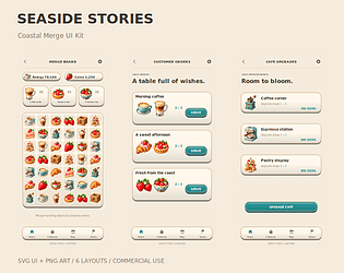 Control Panel Ui Designs's lovelygames1 published Seaside Stories — Coastal Merge UI Kit - itch.io