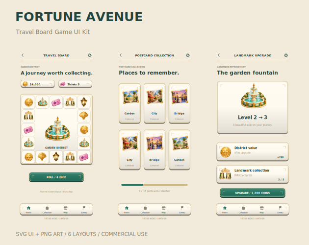 Control Panel Ui Designs's Fortune Avenue — Travel Board Game UI Kit by lovelygames1