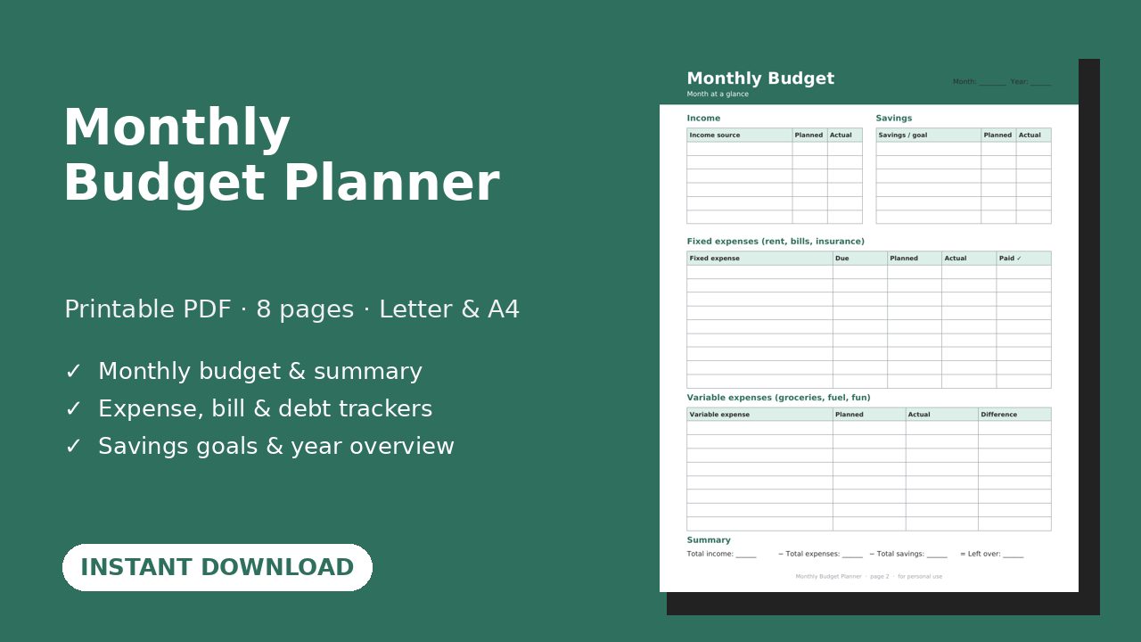 Monthly Budget Planner – Printable PDF (8 Pages, Letter & A4) by ...