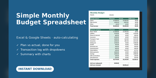 Simple Monthly Budget Spreadsheet – Excel & Google Sheets Template by ...