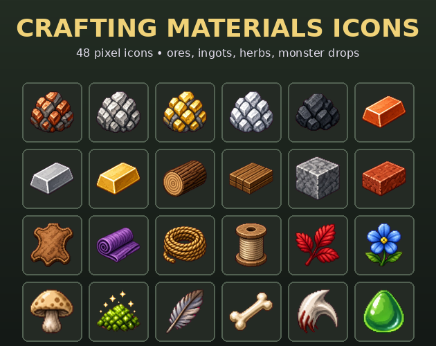 Role Play Icon Transparent Crafting Materials Pixel Icons: 48 ores, ingots, herbs and drops by ...
