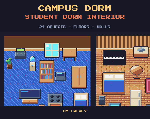 Campus Dorm: 28 Top-Down Pixel Student Dorm Furniture & Tiles by falvey