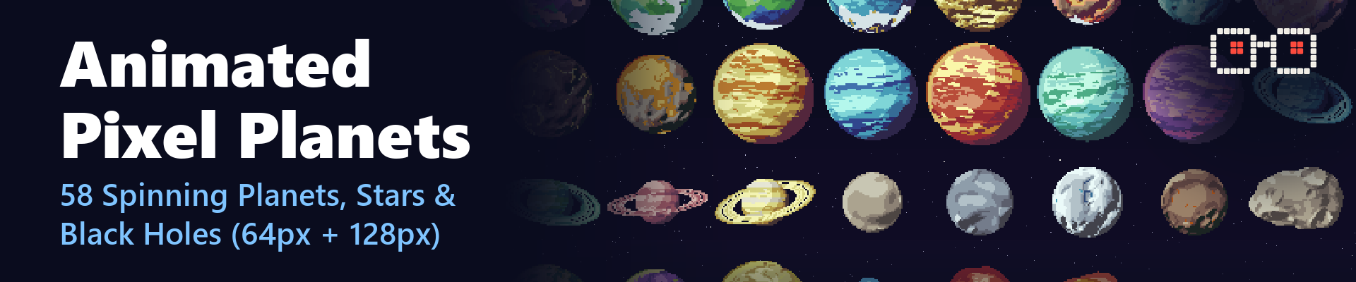 Animated Pixel Planets - 58 Spinning Planets, Stars & Black Holes (64px + 128px)