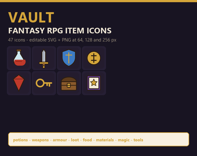 Vault - Fantasy RPG Item Icons (47 Icons, SVG + PNG) by Gen XIA