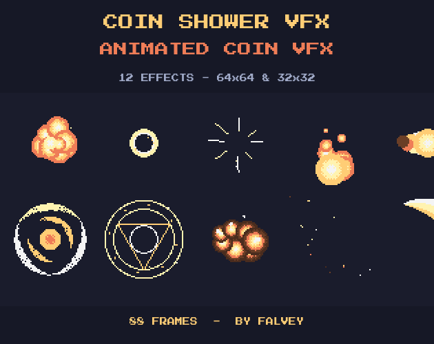 Coin Shower VFX: 12 Animated Pixel Coin Effects (88 Frames) by falvey