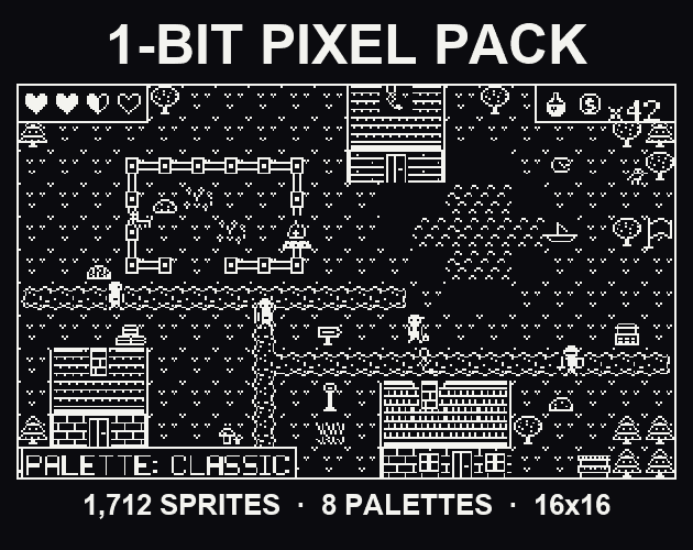 1-Bit Pixel Pack (1,712 Tiles, Characters & Icons, 16x16) by Willosuna