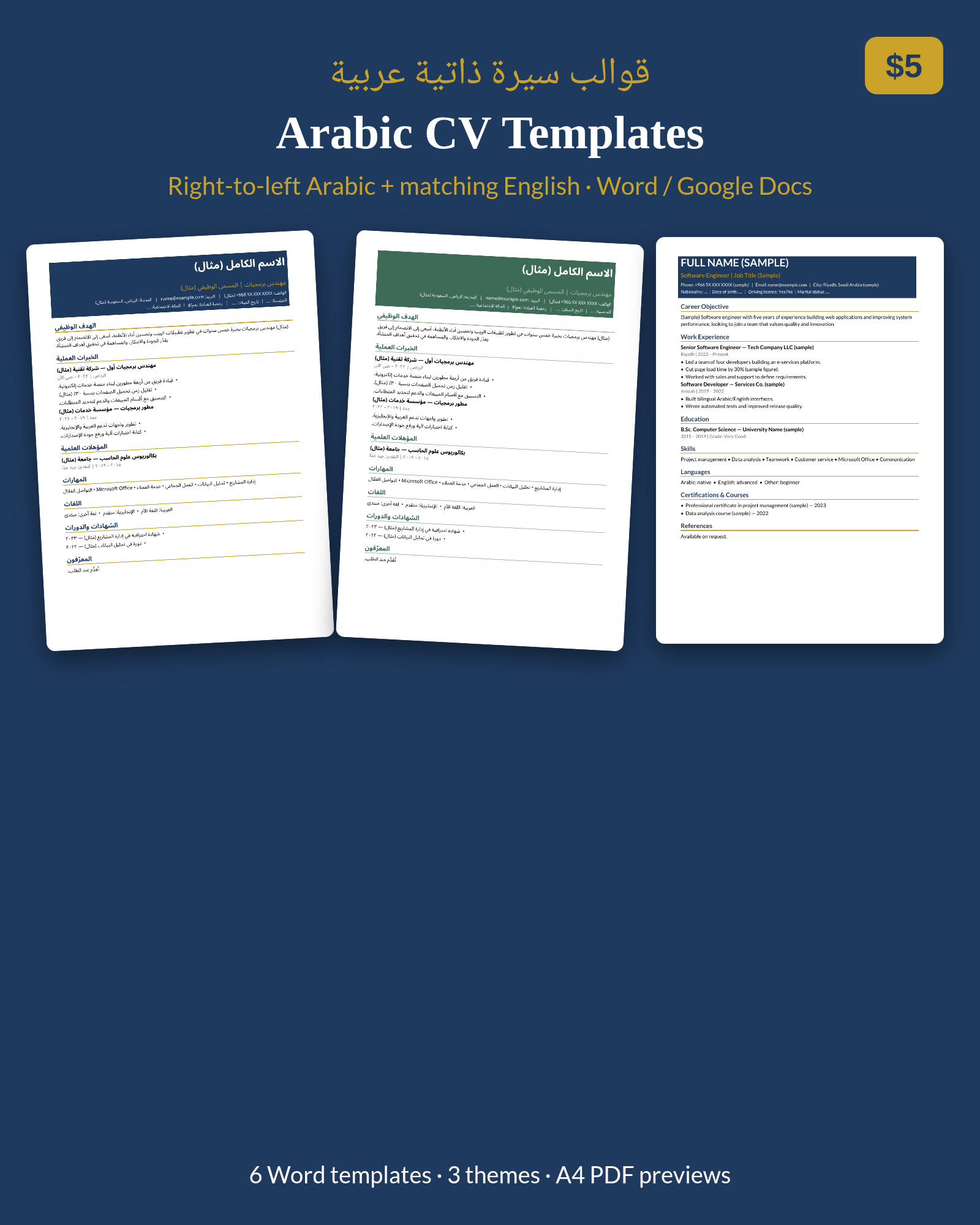 Arabic RTL CV + English Resume Templates (Word, 6 themes) by danilamoney