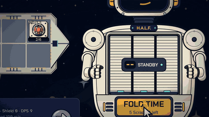 The reels spin and land, a beam clears a drone swarm, a boss fires back