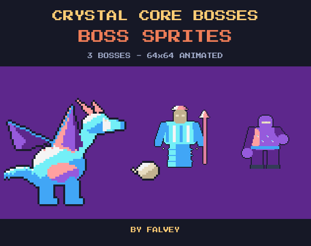 Crystal Core Bosses: 3 Animated Pixel Crystal Bosses by falvey