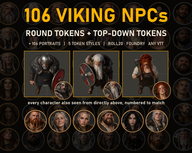 106 Viking NPCs: VTT Tokens, Top-Down Tokens + Portraits by berserkerbones
