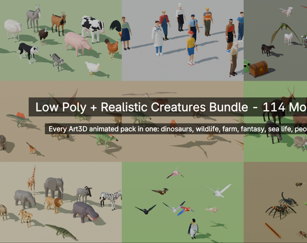 Low Poly + Realistic Creatures Bundle - 114 Models by Romandy