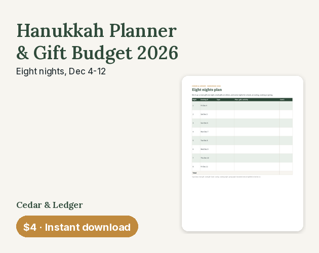 Sample Text Informative Free Printable Hanukkah Planner & Gift Budget 2026 (Printable PDF) by Cedar & Ledger