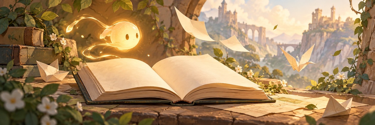 Rilkin, Familiar's golden wisp, floating above an open book in a painted landscape.