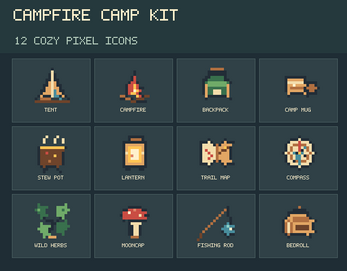 Role Play Icon Transparent Campfire Camp Kit: 12 Cozy Pixel Icons by Lucky Mekala