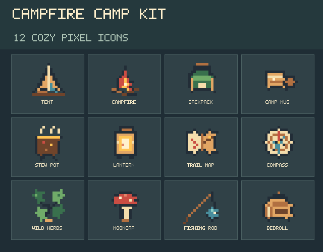 Role Play Icon Transparent Campfire Camp Kit: 12 Cozy Pixel Icons by Lucky Mekala