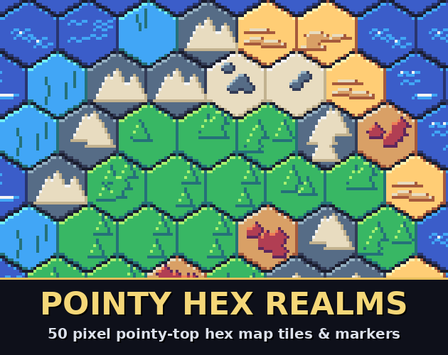 Pointy Hex Realms: 50 Pixel Pointy-Top Hex Map Tiles & Markers by falvey