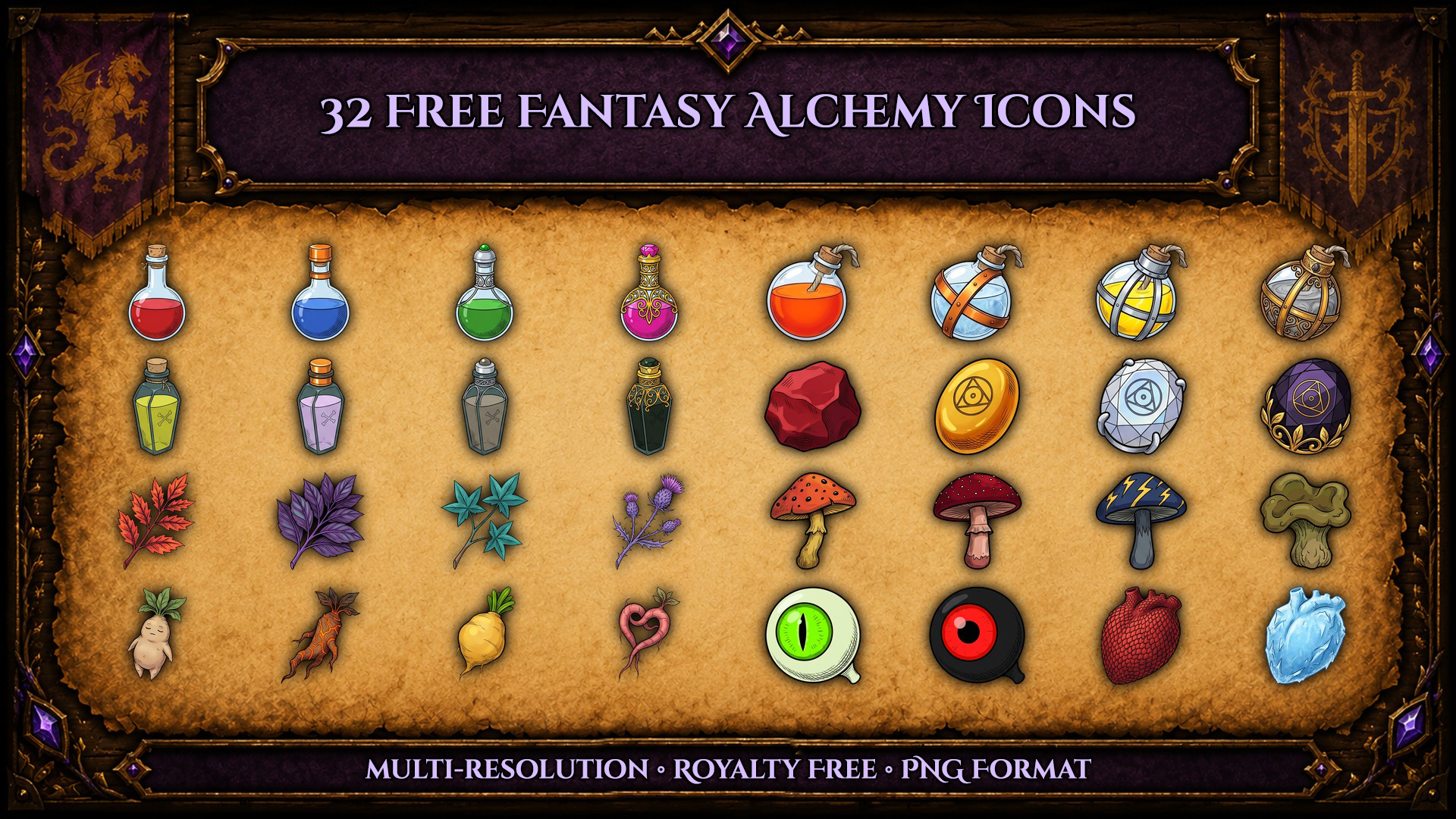 FREE: 32 Fantasy Alchemy Icons - Potions, Bombs & Ingredients, Royalty ...