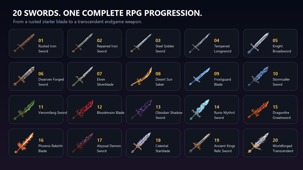 [Paid Asset Pack] RPG Sword Progression — 20 Fantasy Weapon Icons ...