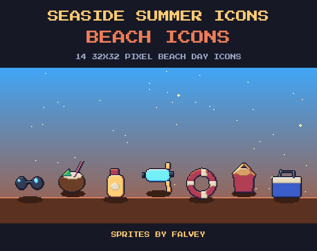 Seaside Summer Icons: 14 32x32 Pixel Beach Day Icons by falvey