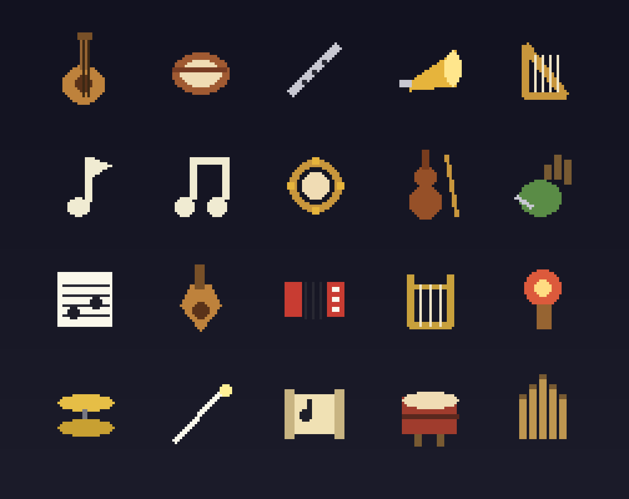 All Instruments Icon Bard & Music Icons Pack — 20 Pixel Art Instrument Icons for RPG UI by ...