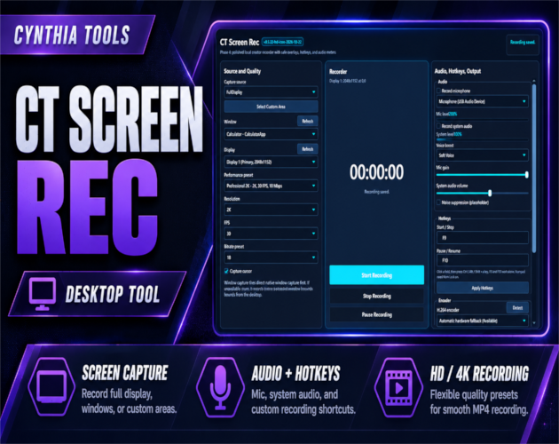 CT Screen Rec Windows screen recorder promotional graphic featuring the desktop recording interface and HD/4K capture options.
