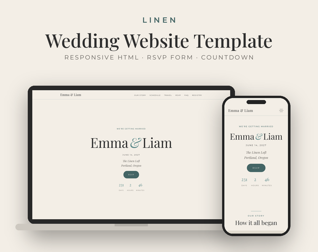 Linen Wedding Website Template (HTML) by Paper & Linen Studio
