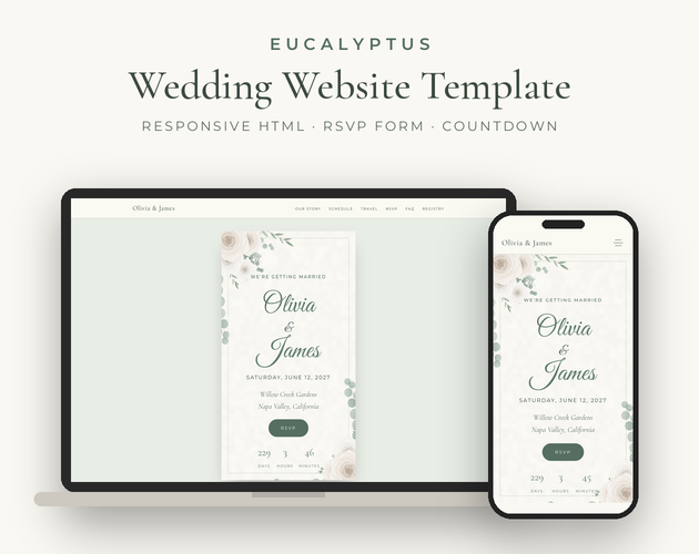 Sage Eucalyptus Wedding Website Template (HTML) by Paper & Linen Studio
