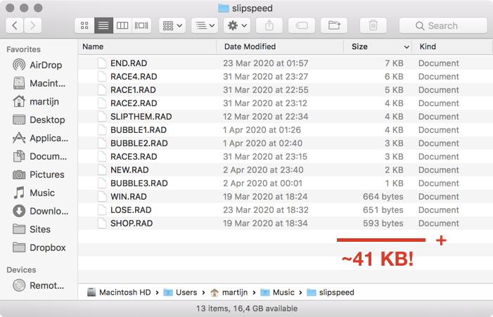 A file browser showing the .RAD files created for SlipSpeed, with a filesize between 7 KB for the largest and 593 bytes for the smallest one.