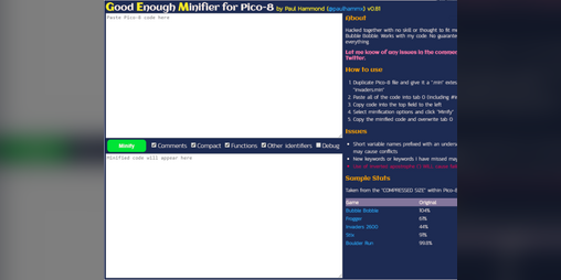 Cover image for GEM (Good Enough Minifier) for Pico-8