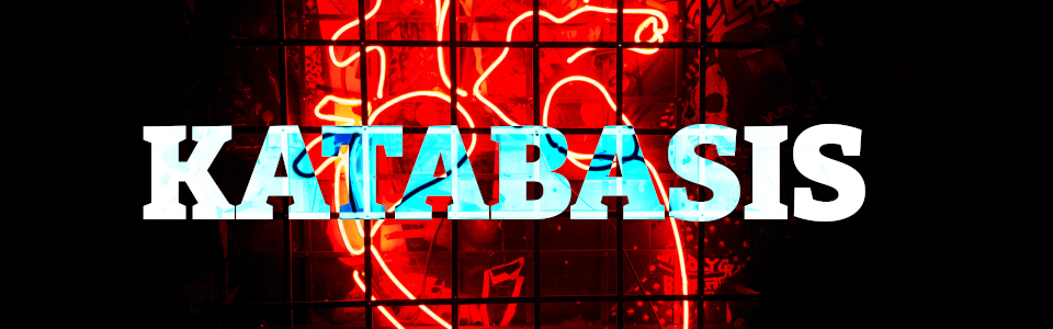 Cover of KATABASIS. A neon sign of an anatomically correct heart