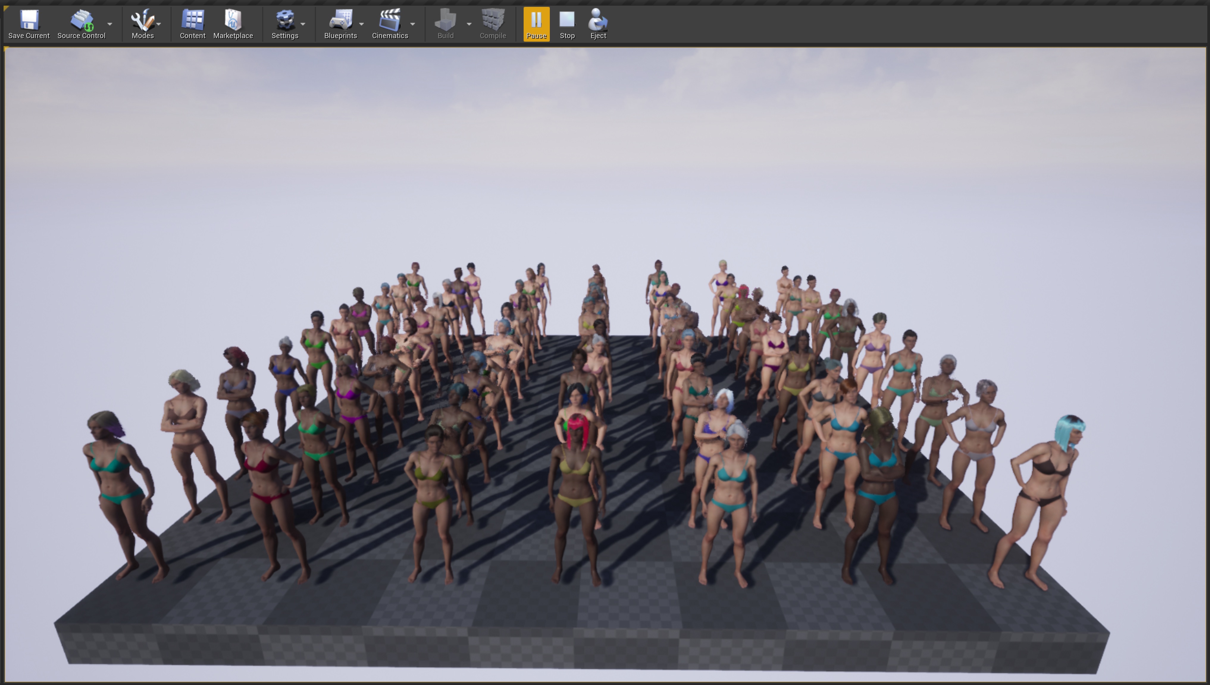 A screenshot showing dozens of female character models with different hair options and skin colors.