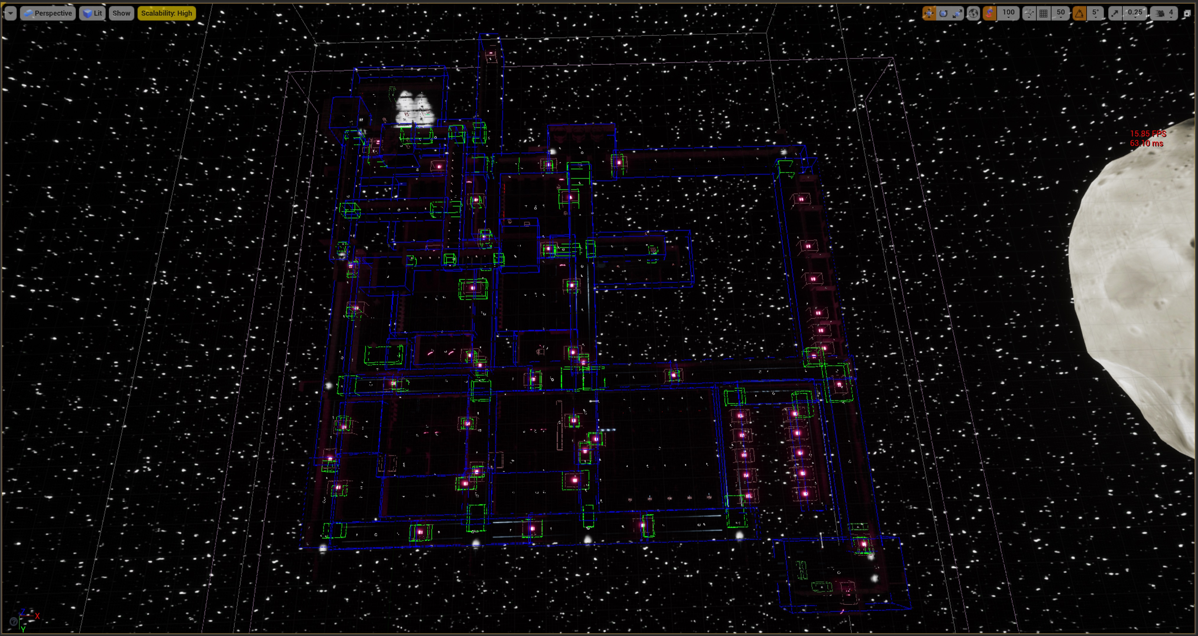 A screenshot of the map with blue and green cubes representing light zones and portals.