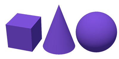 cube, cone and sphere