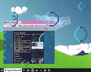 Thumbnail for Screen Toybox, bubbles cover a pixel art desktop reminiscent of Windows XP background. IF you didn't know its a field under blue sky. Dithering is used on the grass and there is a pixel art rendition of a Firefox browser window showing the game's page in a loop.