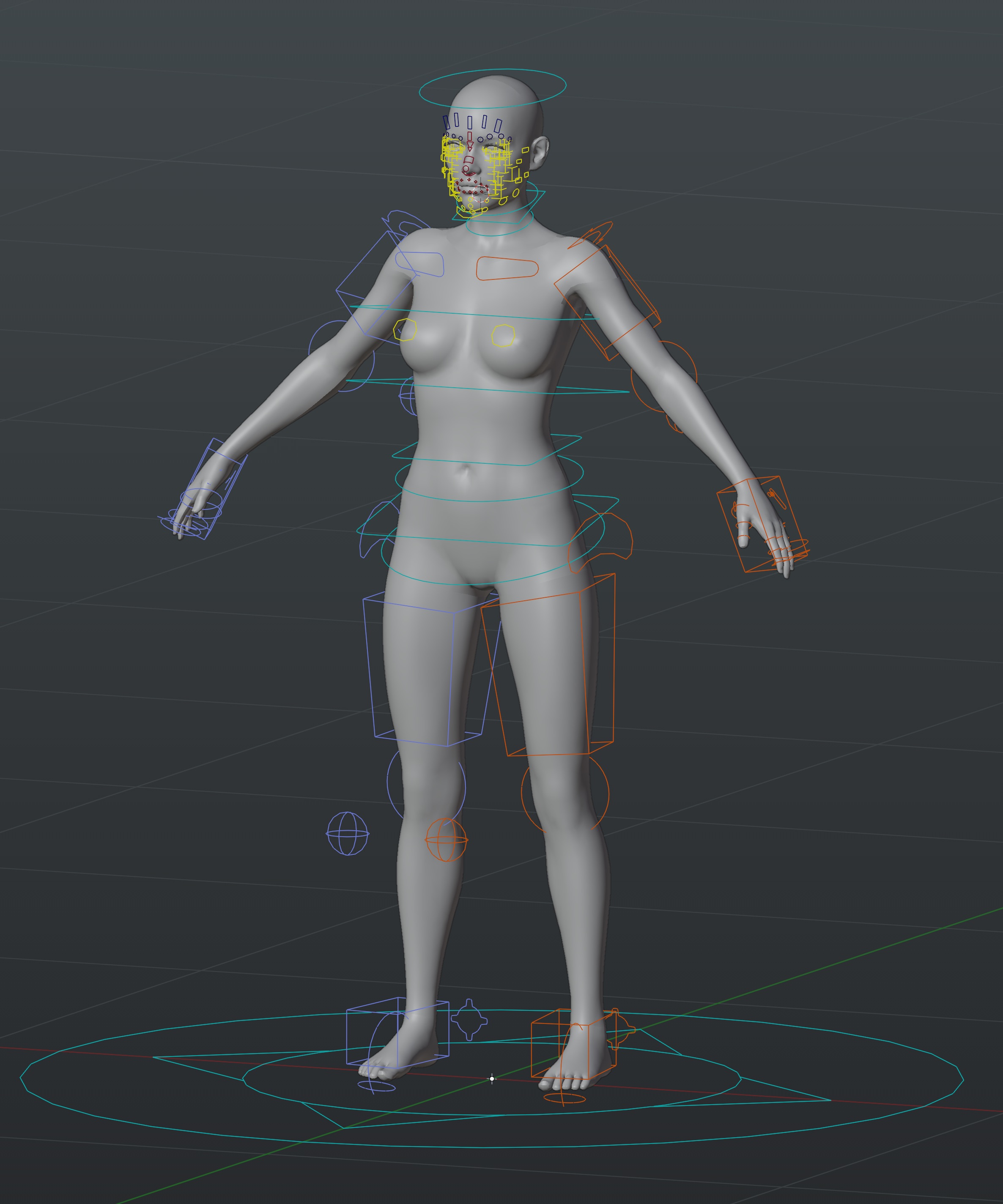 A screenshot of a 3D female character model in Blender.