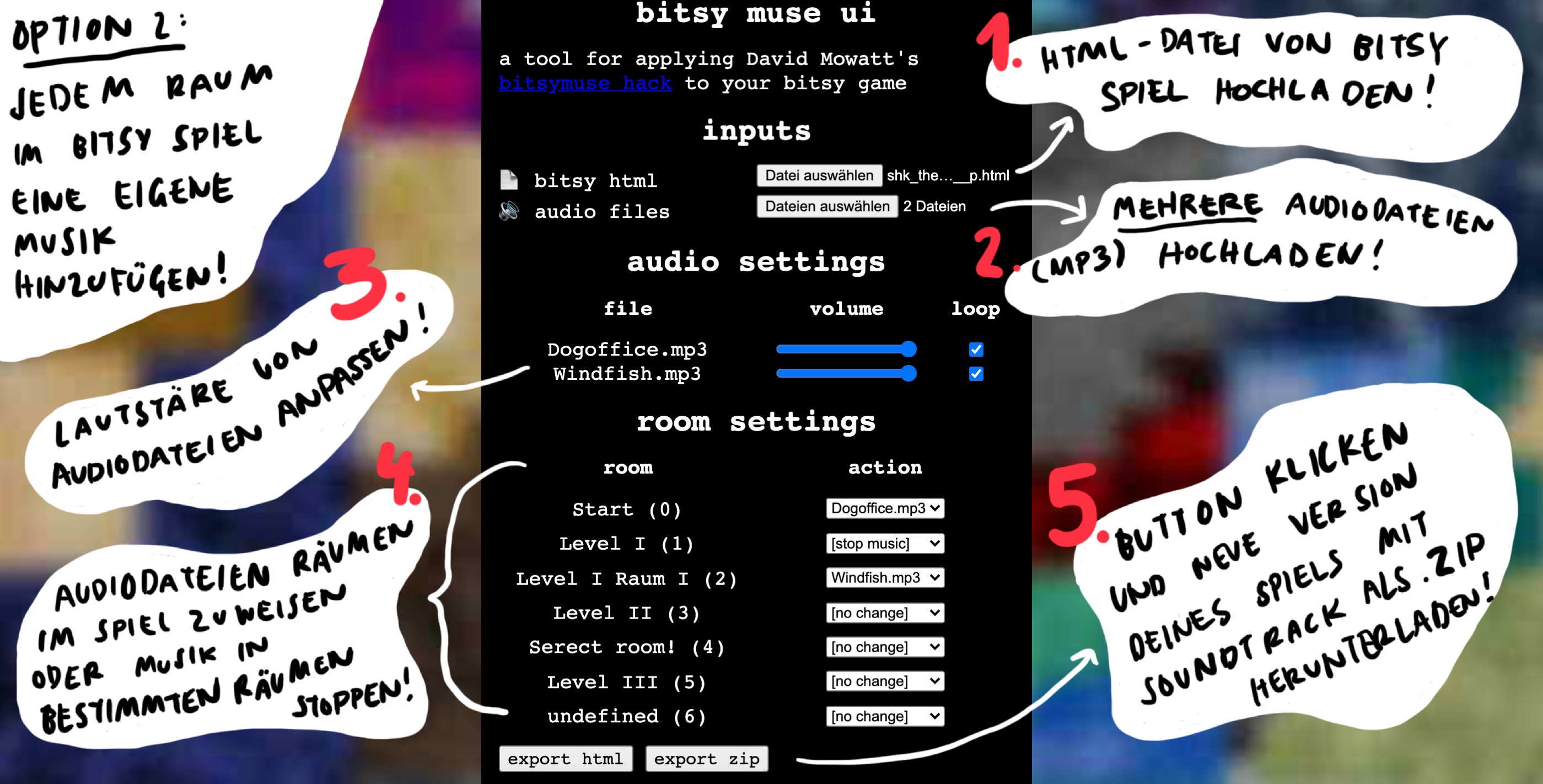 Screenshot der Webseite des Tools, um mehrere Audiodateien zu verschiedenen Räumen in einem Bitsy-Spiel hinzuzufügen.
