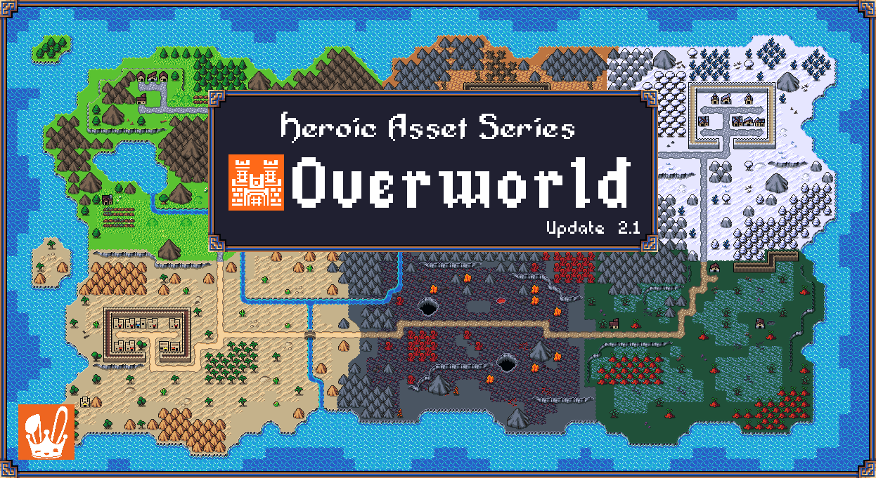 Pixel art fantasy world map with varied terrains and a large title box reading 'Heroic Asset Series Overworld Update 2.1'.