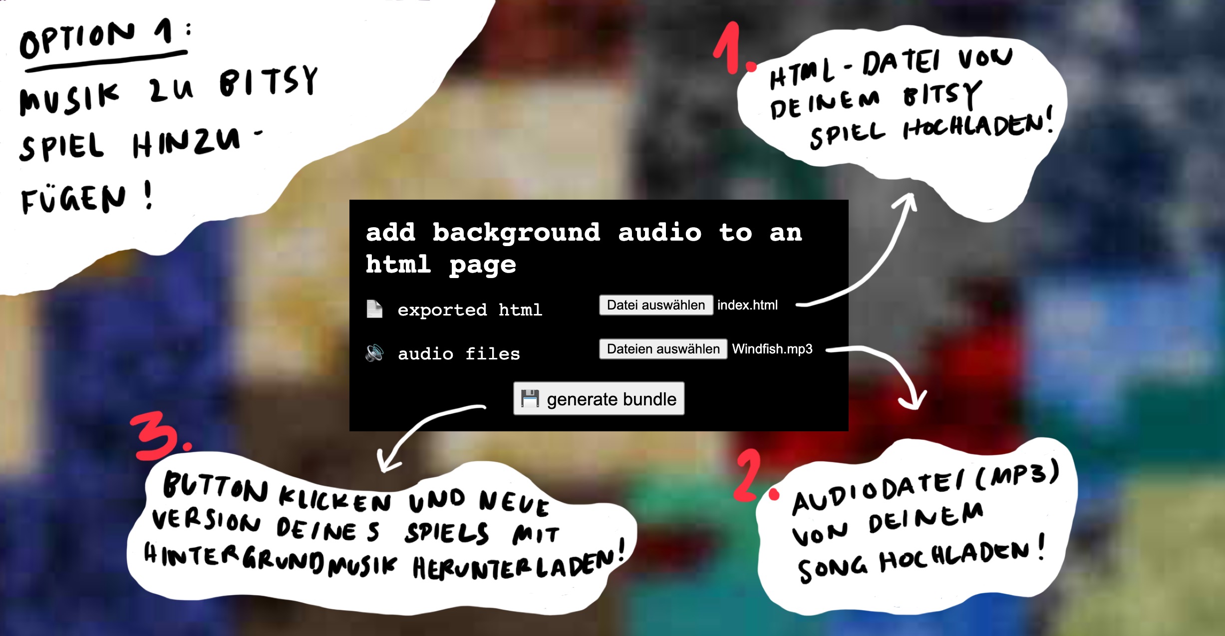 Screenshot der Webseite des Tools, um Audio zu einem Bitsy-Spiel hinzuzufügen.