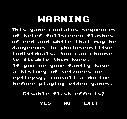 White text on a black background. A large title says "WARNING", and the body text says "This game contains sequences of brief fullscreen flashes of red and white that may be dangerous to photosensitive individuals. You can choose to disable them here. If you or your family have a history of seizures or epilepsy, consult a doctor before playing video games." There are three options, Yes, No, and Exit.