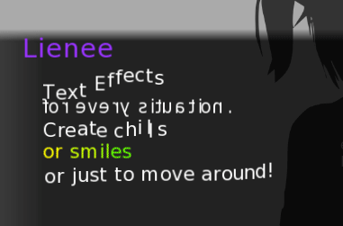 Game UI with text effects, including mirrored and colored words, and a partial silhouette on the right side.