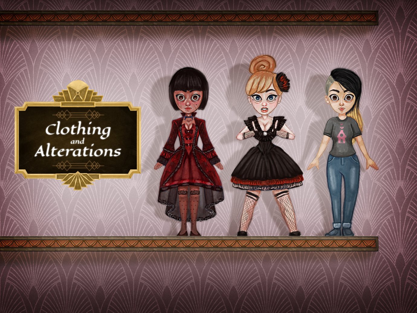 Picture of three dolls, one has only recently become dollified, next to a sign reading 'Clothing and Alterations.'