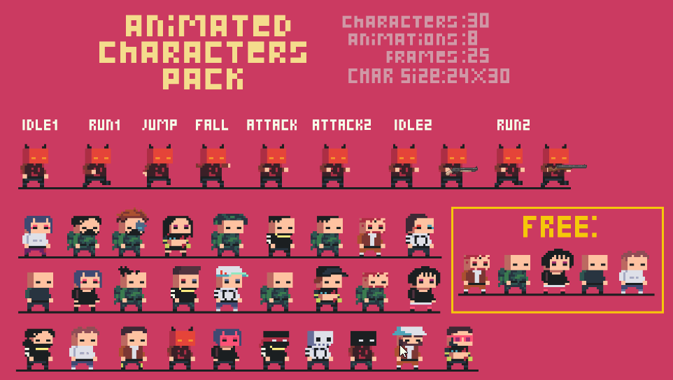 Pixel art animated characters pack