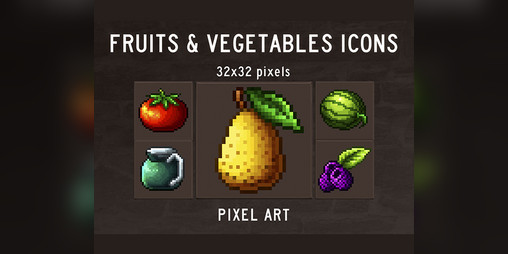 48 Fruits And Vegetables Pixel Art Icons By Free Game Assets Gui Sprite Tilesets 6516