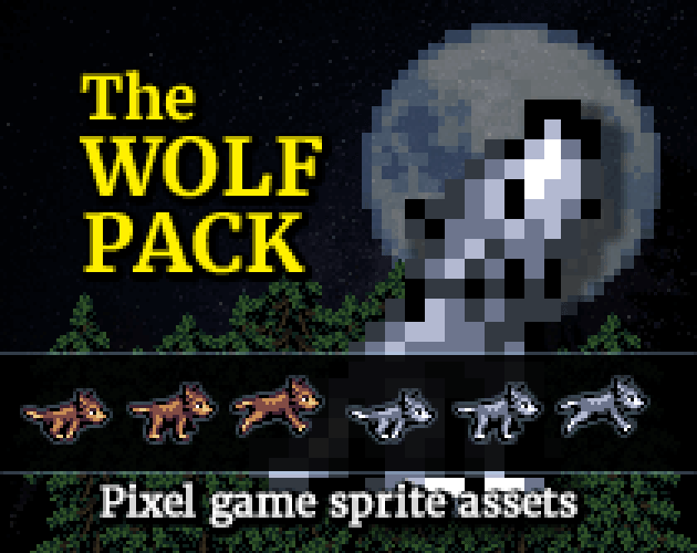 Pixel art wolf howling at the moon with rows of wolf sprite variations and the text 'The Wolf Pack' and 'Pixel game sprite assets'.