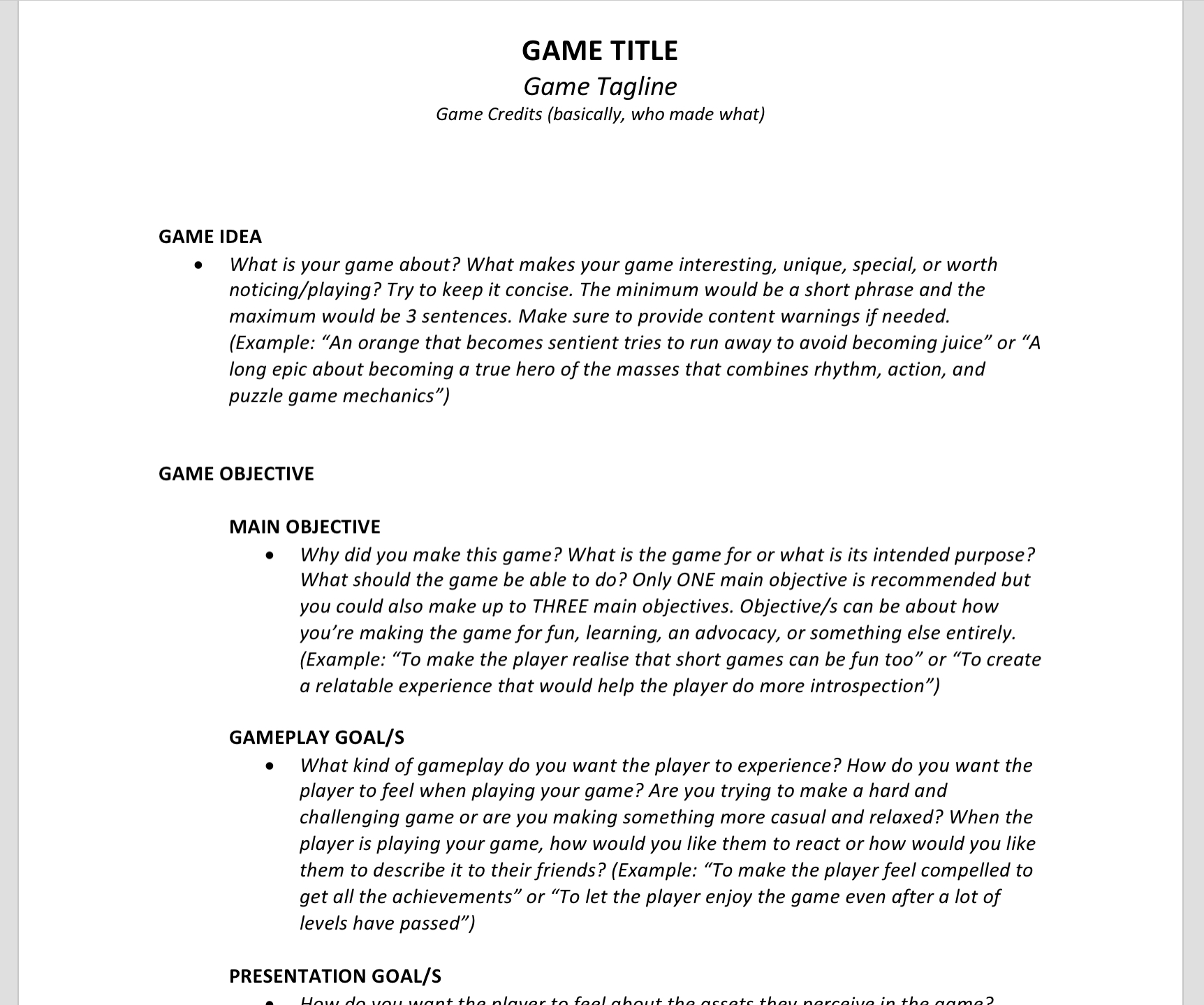 Simple Game Design Document Template by barrels