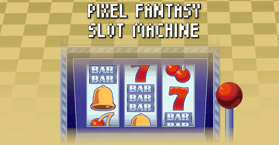 Pixel art slot machine with reels showing BAR, bell, cherry, and red 7 symbols, joystick on the right