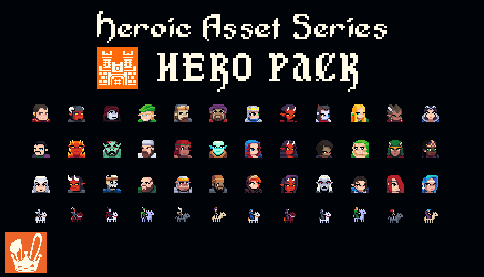 Pixel art grid of diverse hero characters and mounts with the text 'Heroic Asset Series HERO PACK' at the top.