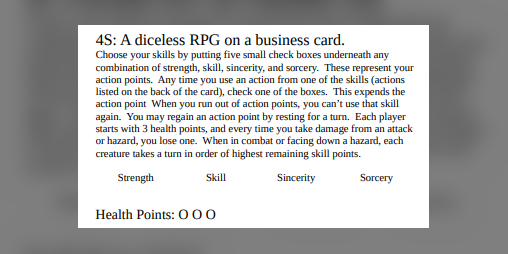Cover image for 4S: A diceless RPG on a business card